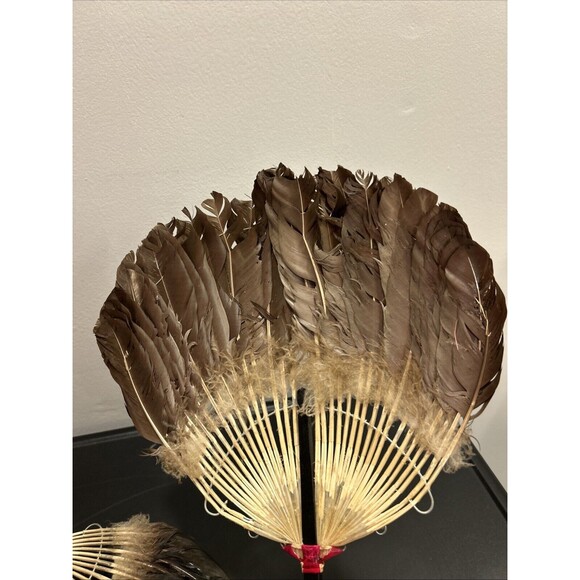 Vintage Asian Chinese Pien Mien Feather Fan Hand Fan Pair Set Of 2 Goose/duck? - Picture 5 of 14